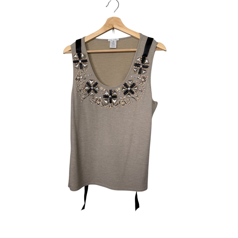 Oscar de la Renta Cashmere Silk Embellished Tank Top XL Taupe Beaded Ribbon Back